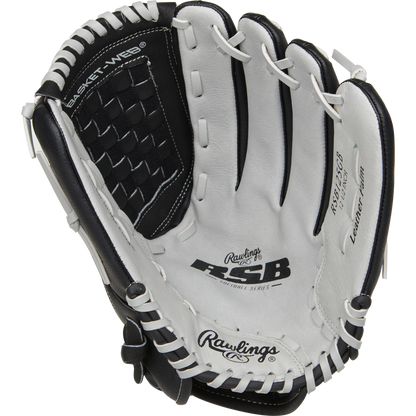 A close-up of the Rawlings RSB 12.5" Slowpitch Glove (RSB125GB) in black and white, showcasing the Basket-Web design, detailed stitching, and iconic Rawlings logo—a quality choice for slow pitch softball players seeking style.