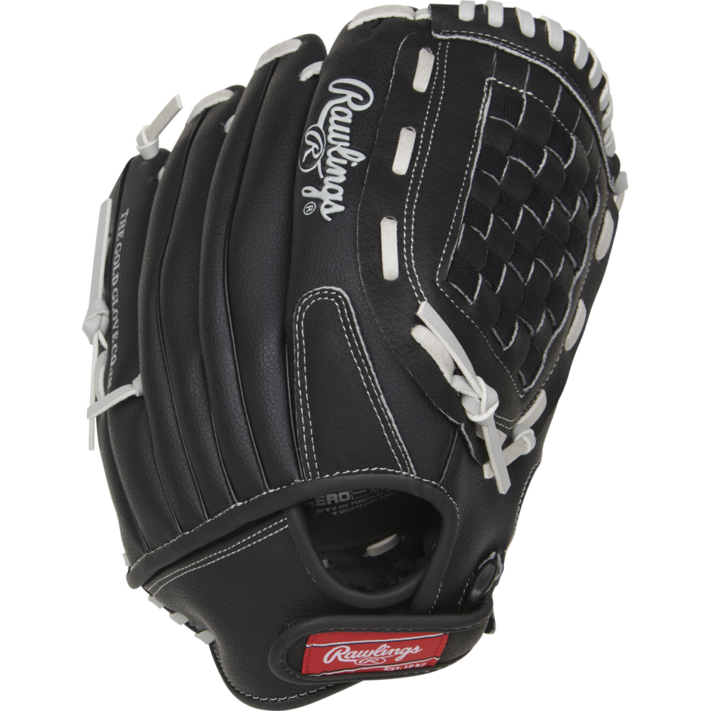 The Rawlings RSB 12.5" Slowpitch Glove (RSB125GB) features a black design with white stitching, Basket-Web pattern, visible logo on the back, and red Rawlings patch—ideal for slow pitch softball.