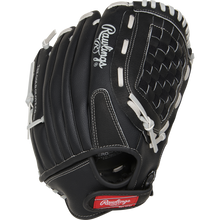 The Rawlings RSB 12.5" Slowpitch Glove (RSB125GB) features a black design with white stitching, Basket-Web pattern, visible logo on the back, and red Rawlings patch—ideal for slow pitch softball.