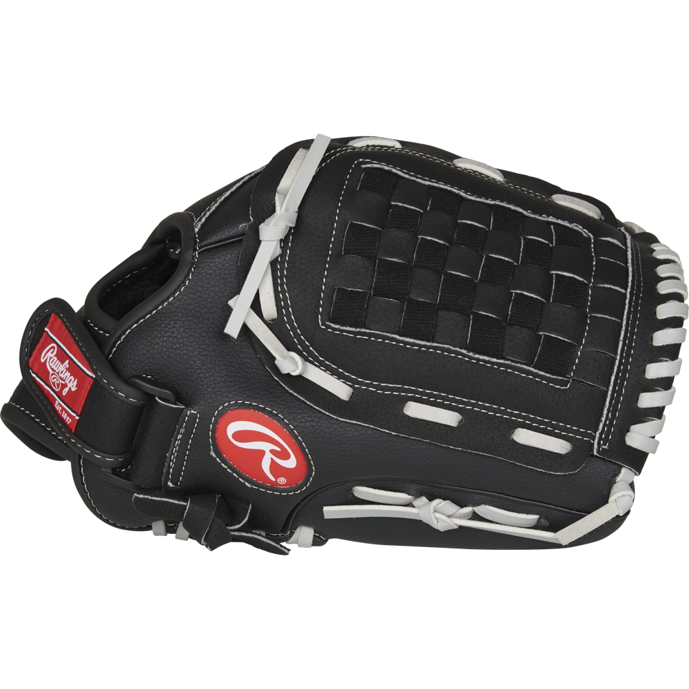 The Rawlings RSB 12.5" Slowpitch Glove (RSB125GB) is black with white laces, a Basket-Web pattern, and a red Rawlings logo patch on the wrist strap.