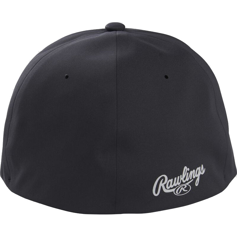 The Rawlings Gold Collection Black Flex Fit Hat (RSGLH-B) features a fitted black design with the white Rawlings logo and emblem on the lower right back—a stylish hat from Rawlings.