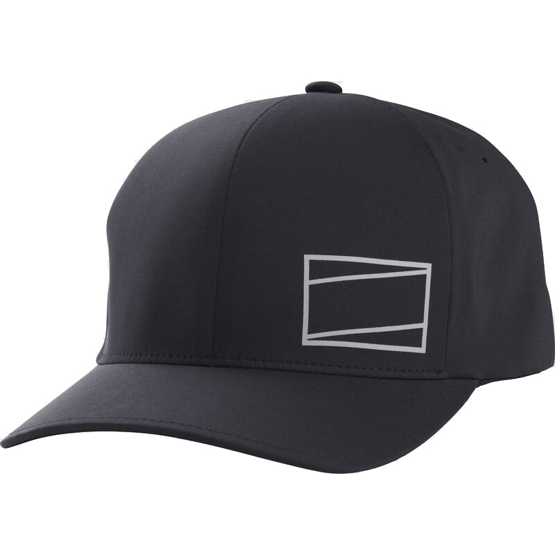 The Rawlings Gold Collection Black Flex Fit Hat (RSGLH-B) is a stylish fitted cap featuring a minimalist white geometric logo with overlapping rectangles on the front left panel.