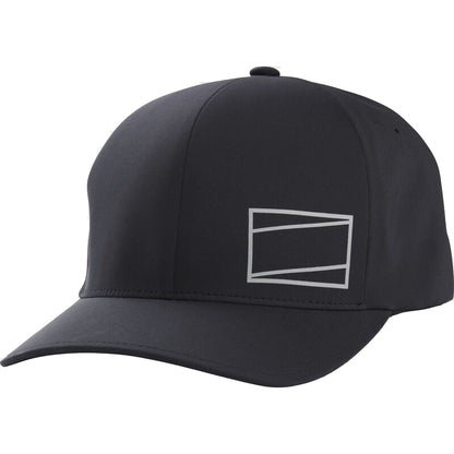 The Rawlings Gold Collection Black Flex Fit Hat (RSGLH-B) is a stylish fitted cap featuring a minimalist white geometric logo with overlapping rectangles on the front left panel.