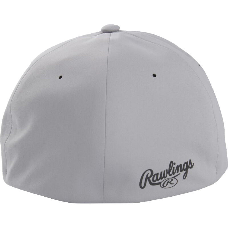 The Rawlings Gold Collection Gray Flex Fit Hat (RSGLH-G) is shown from the back, displaying the Rawlings logo and a small black R near the bottom edge—an ideal hat for any ball player.