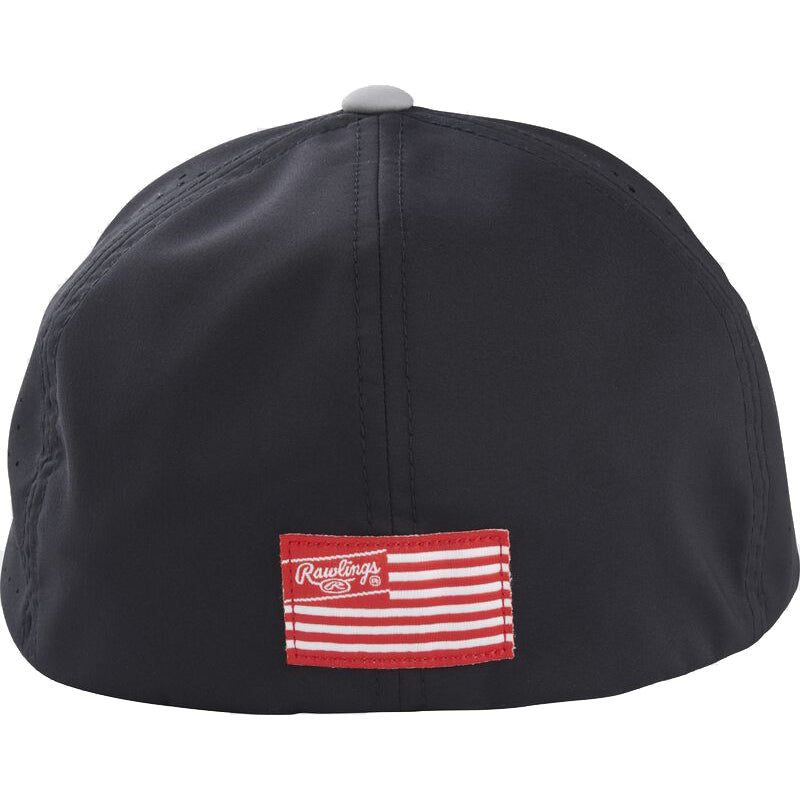 A black Rawlings Flex Fit Laser Cut Vented Hat (RSGVH-GR/B) viewed from the back, featuring a red and white striped patch with the Rawlings logo sewn near the bottom edge.
