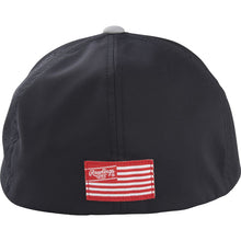 A black Rawlings Flex Fit Laser Cut Vented Hat (RSGVH-GR/B) viewed from the back, featuring a red and white striped patch with the Rawlings logo sewn near the bottom edge.