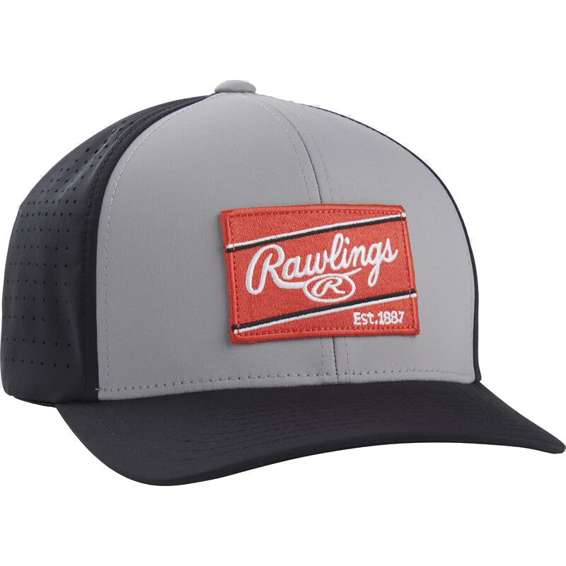 The Rawlings Flex Fit Laser Cut Vented Hat (RSGVH-GR/B) is gray and black with a red rectangular Rawlings Est. 1887 patch on the front and black laser-cut side panels for ventilation.
