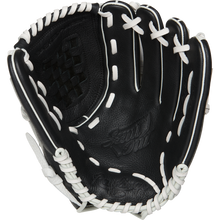 The Rawlings Shut Out 12" Fastpitch Glove (RSO120BW) features black leather with white laces, shown palm up to highlight intricate stitching—crafted by Rawlings for female athletes.