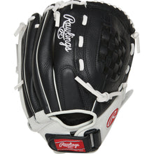 The Rawlings Shut Out 12" Fastpitch Glove (RSO120BW) features a black and white design with white stitching, a red Rawlings logo on the wrist strap, and is crafted for female athletes.