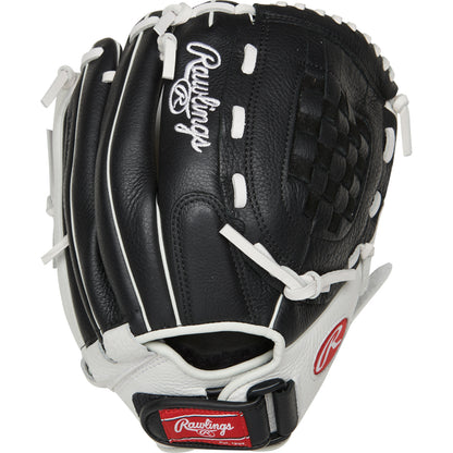 The Rawlings Shut Out 12" Fastpitch Glove (RSO120BW) features a black and white design with white stitching, a red Rawlings logo on the wrist strap, and is crafted for female athletes.