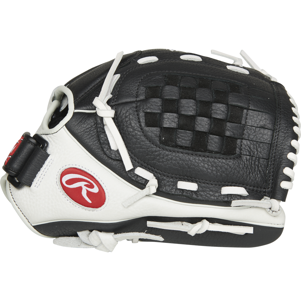 The Rawlings Shut Out 12" Fastpitch Glove (RSO120BW) features a black and white design, woven web, white laces, and the signature red Rawlings logo—perfect for female athletes who want style and performance.