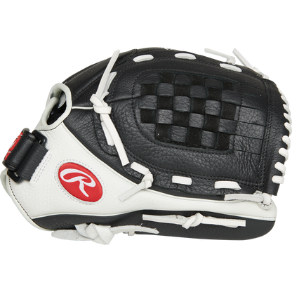The Rawlings Shut Out 12" Fastpitch Glove (RSO120BW) features a black and white design, woven web, white laces, and the signature red Rawlings logo—perfect for female athletes who want style and performance.