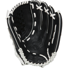 The Rawlings Shut Out 12.5" Fastpitch Glove (RSO125BW) is a black women's softball glove with white laces, featuring the Rawlings logo on the palm and a woven web pattern.