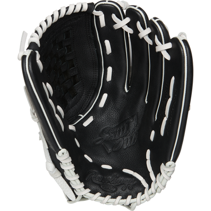 The Rawlings Shut Out 12.5" Fastpitch Glove (RSO125BW) is a black women's softball glove with white laces, featuring the Rawlings logo on the palm and a woven web pattern.