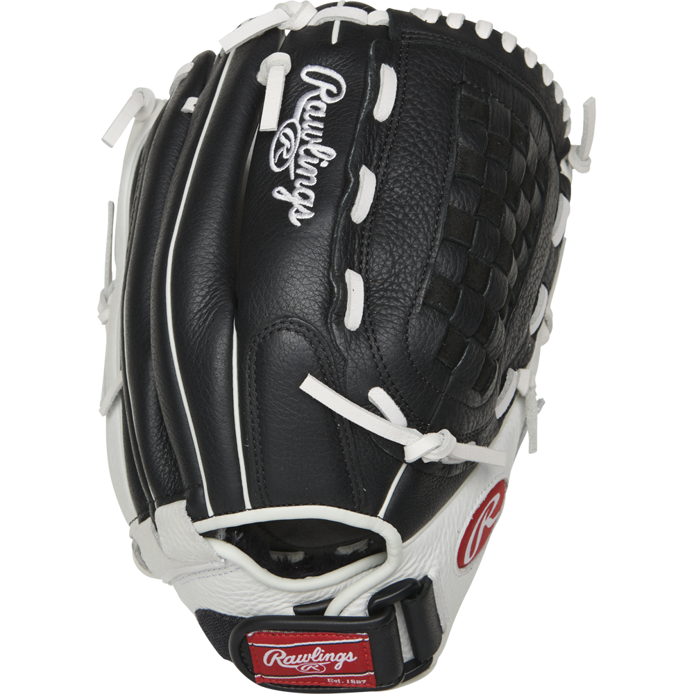 The Rawlings Shut Out 12.5" Fastpitch Glove (RSO125BW) is a black and white softball glove with white stitching and laces, featuring the Rawlings logo on the wrist strap and top of the glove.