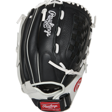 The Rawlings Shut Out 12.5" Fastpitch Glove (RSO125BW) is a black and white softball glove with white stitching and laces, featuring the Rawlings logo on the wrist strap and top of the glove.