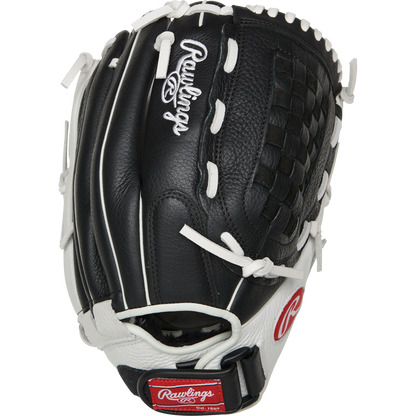 The Rawlings Shut Out 12.5" Fastpitch Glove (RSO125BW) is a black and white softball glove with white stitching and laces, featuring the Rawlings logo on the wrist strap and top of the glove.