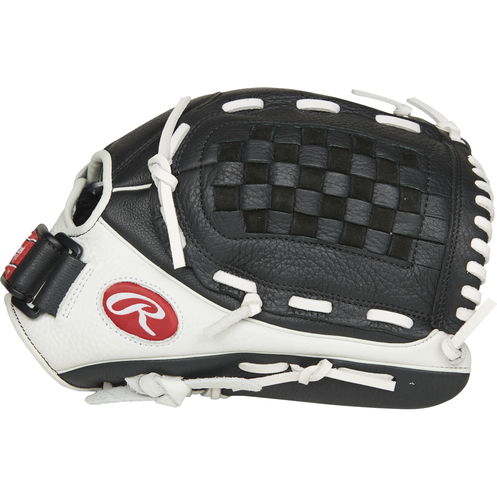 The Rawlings Shut Out 12.5" Fastpitch Glove (RSO125BW) is a black and white glove designed for performance and comfort.