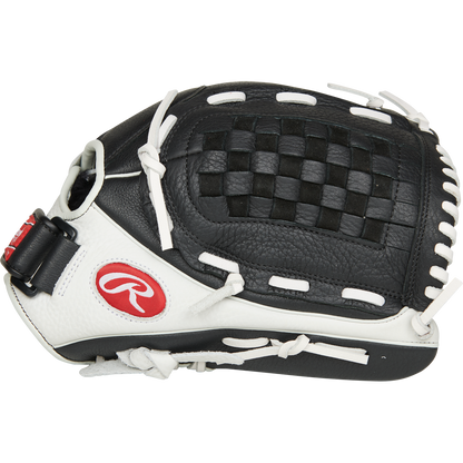 The Rawlings Shut Out 12.5" Fastpitch Glove (RSO125BW) is a black and white glove designed for performance and comfort.