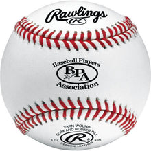 The Rawlings BPA Official Baseballs: RTB-BPA feature red stitching, the Baseball Players Association logo and text, and details on yarn wound construction with a cork and rubber pill.