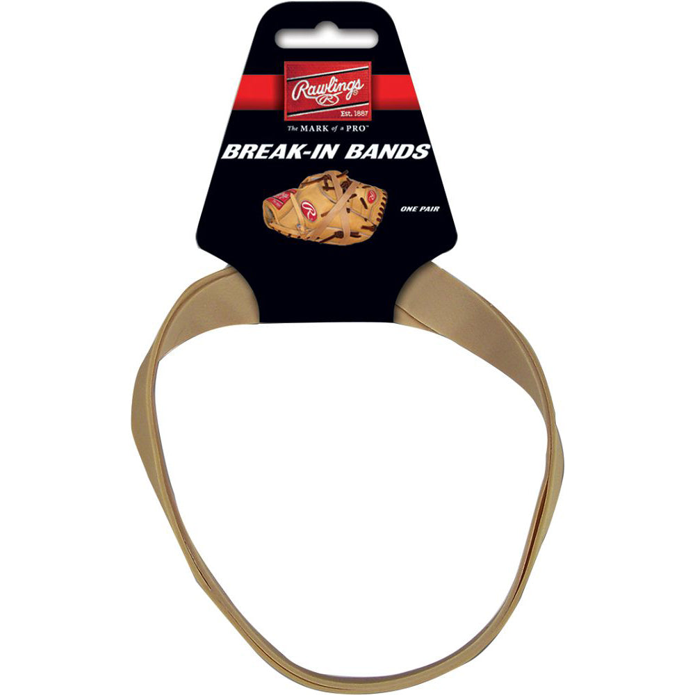The Rawlings Jumbo Break In Rubber Bands (RUB) are beige bands designed for shaping baseball glove pockets during break-in, shown in packaging with a glove image and the Rawlings logo at the top.