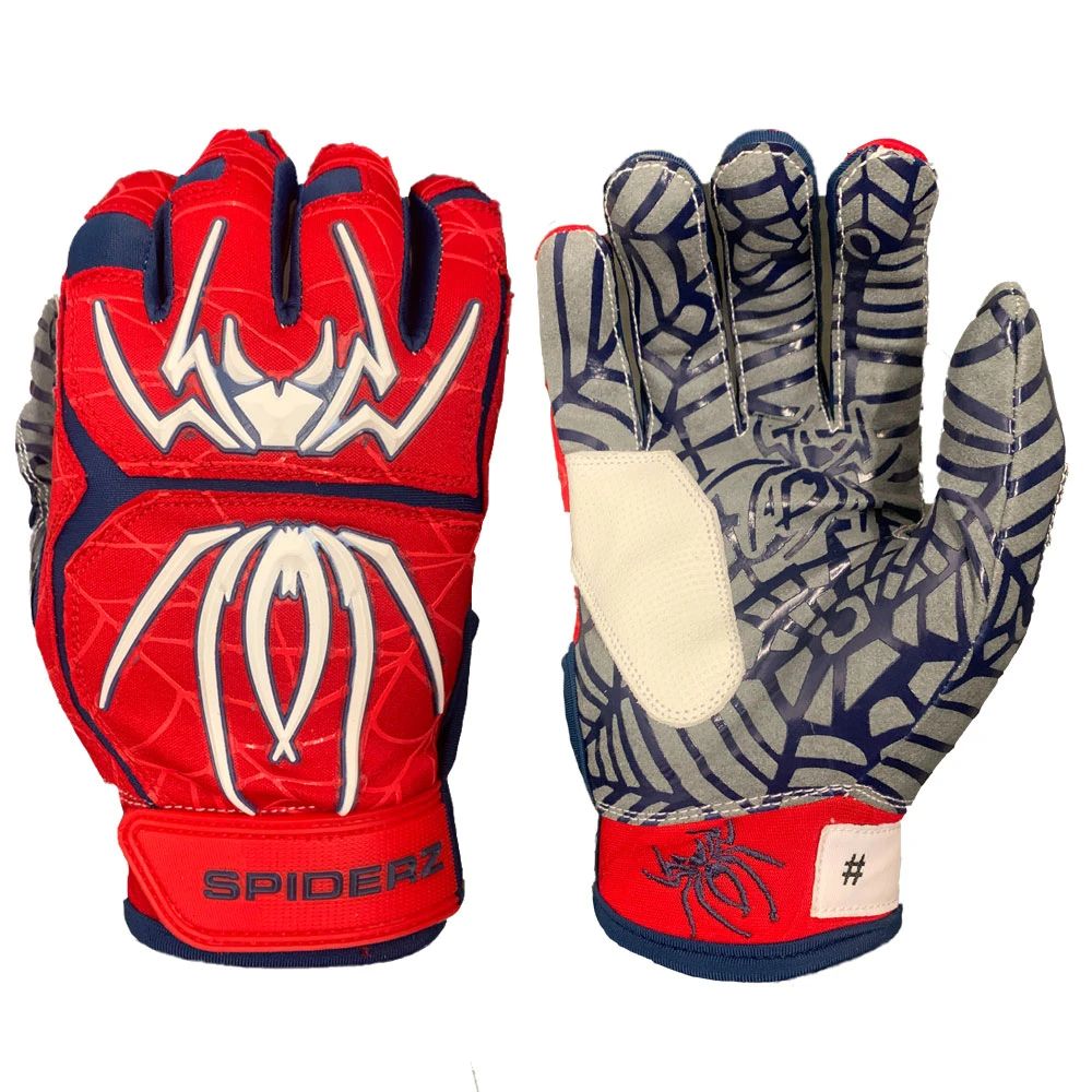 The Spiderz HYBRID Adult Batting Gloves by Spiderz feature a red back with a bold white spider logo, plus a blue and gray webbed palm for maximum grip and a small red spider by the wrist.