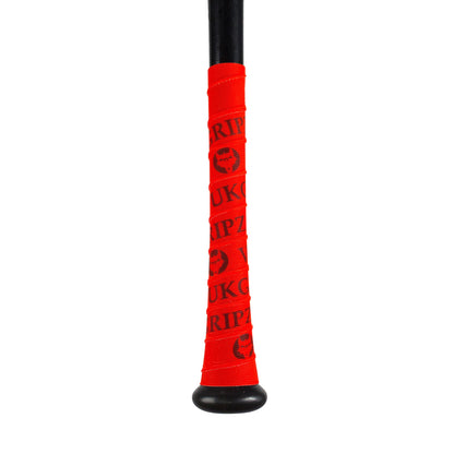 Close-up of a black baseball bat handle wrapped in VukGripz Bat Grip Tape by VukGripz, featuring bright red color with black text and logos for optimum grip.