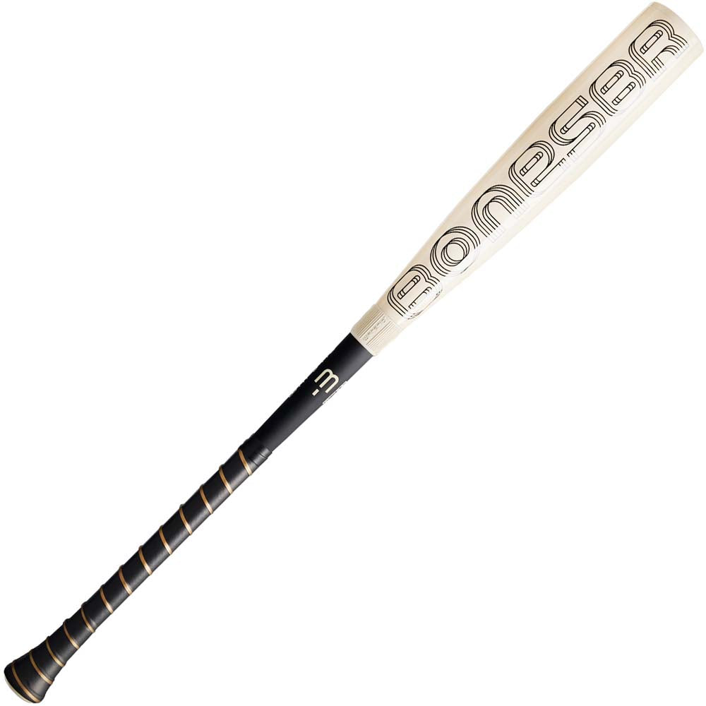 The 2024 Warstic Bonesaber Hybrid (-3) BBCOR Baseball Bat has a light wood color, black grip tape, and "BONESABER" in bold letters on its Katana2X Alloy Barrel.