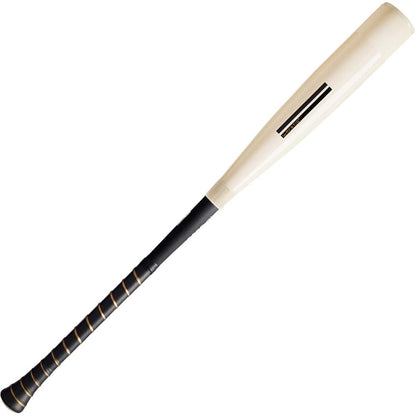 The 2024 Warstic Bonesaber Hybrid (-3) BBCOR Baseball Bat (DEMO) features a cream color, black grip, gold accents, and Katana2X Alloy Barrel by Warstic, displayed on a white background.