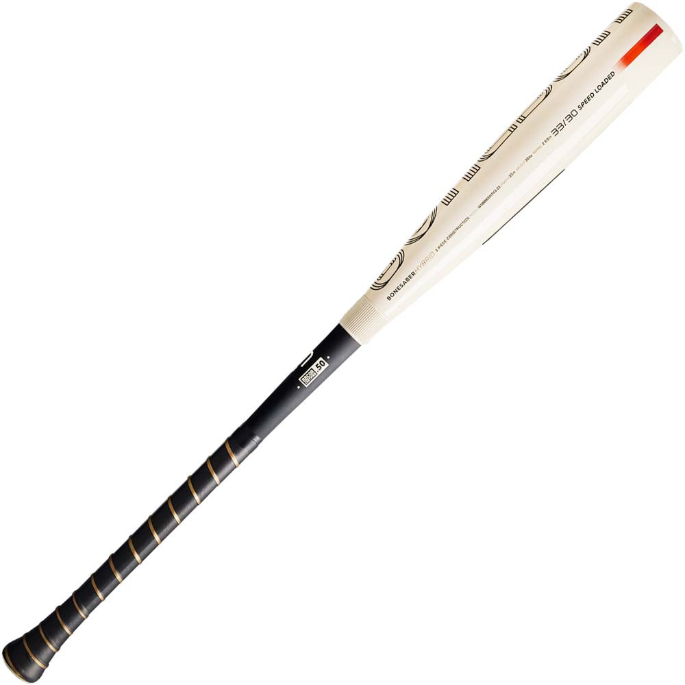 The 2024 Warstic Bonesaber Hybrid (-3) BBCOR Baseball Bat (MBBSRHB23WH3 DEMO) features a black handle with gold rings and a light Katana2X Alloy Barrel accented in black and orange.