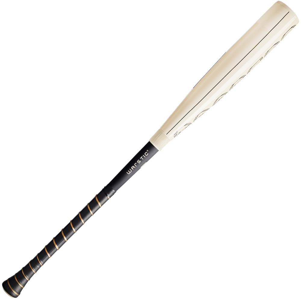 The 2024 Warstic Bonesaber Hybrid (-3) BBCOR Baseball Bat features a black handle with gold accents, a light Katana2X Alloy Barrel, and "WARSTIC" printed near the center.