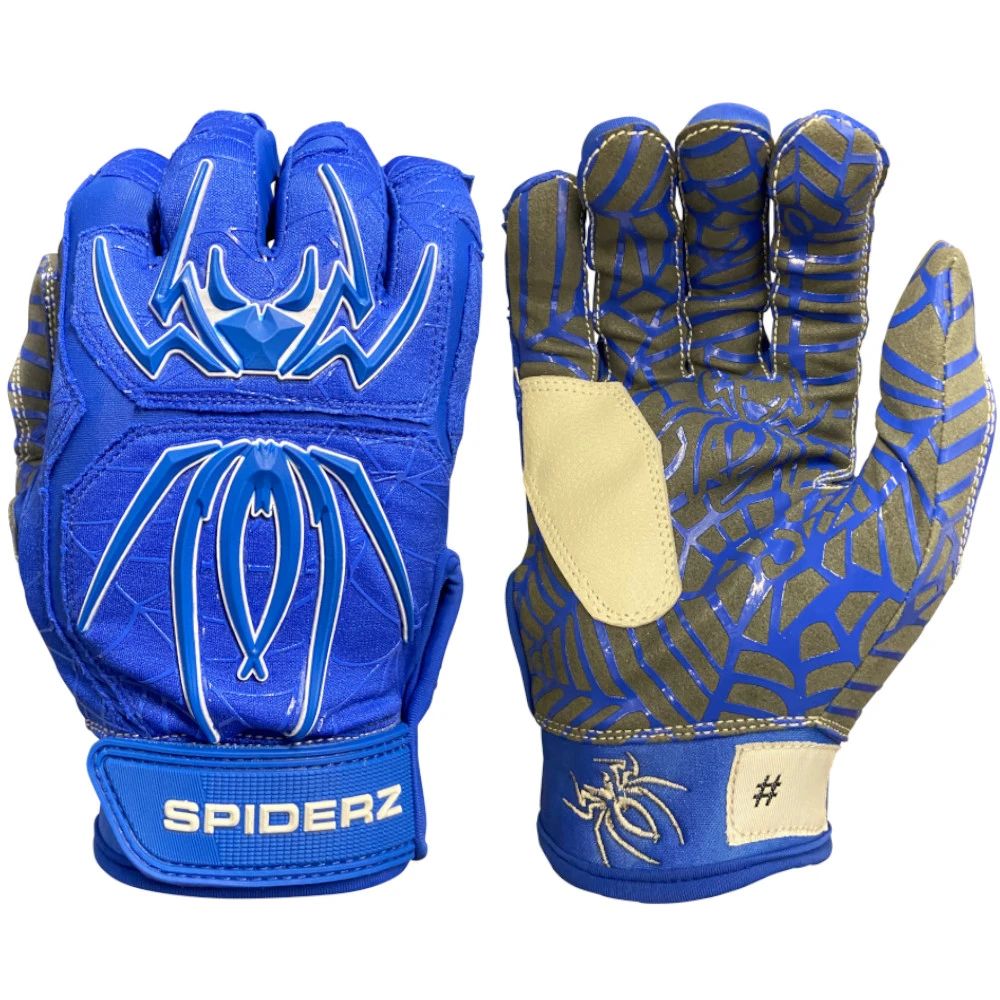 The Spiderz HYBRID Adult Batting Gloves by Spiderz feature bold blue web and spider designs, including a large spider graphic on the back, gold web palm pattern, beige patch, and logo near the wrist for superior grip.