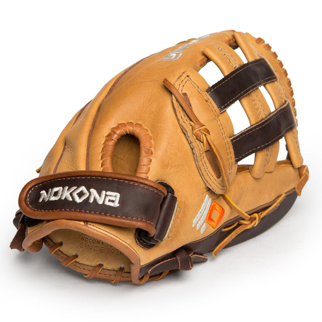 The Nokona Alpha 12.5" Fastpitch Glove: S-V1250H, a tan and brown glove with visible stitching and an open web design from Nokona, rests on a white background.