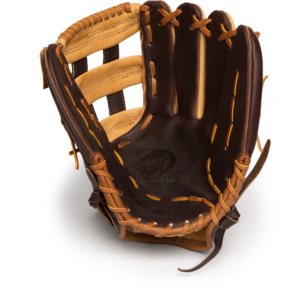 The Nokona Alpha 12.5" Fastpitch Glove (S-V1250H) by Nokona features quality brown leather with tan laces, shown upright to display the pocket and interior, exemplifying premium American craftsmanship.