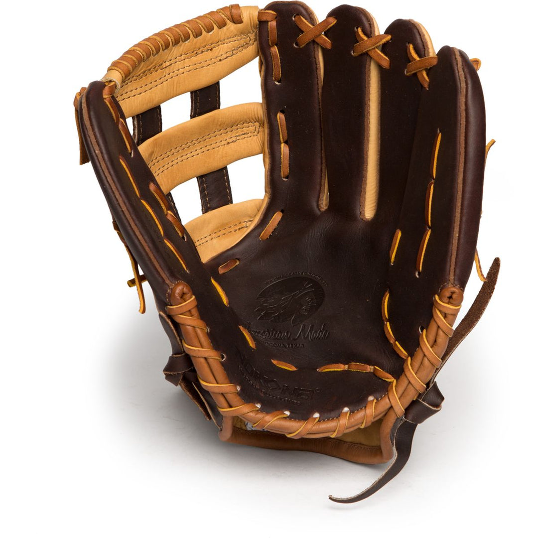The Nokona Alpha 12.5" Fastpitch Glove (S-V1250H) by Nokona features quality brown leather with tan laces, shown upright to display the pocket and interior, exemplifying premium American craftsmanship.