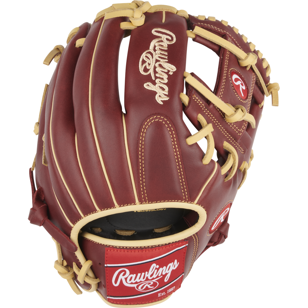 The Rawlings Sandlot 11.5" Baseball Glove: S1150IS features a brown oiled leather build, tan laces, red Rawlings logos on the wrist strap and thumb, open web design, visible stitching, and is ideal for infield play.
