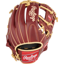 The Rawlings Sandlot 11.5" Baseball Glove: S1150IS features a brown oiled leather build, tan laces, red Rawlings logos on the wrist strap and thumb, open web design, visible stitching, and is ideal for infield play.