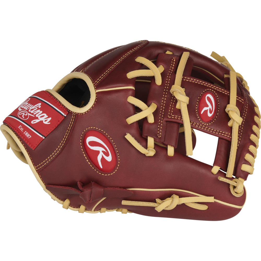 The Rawlings Sandlot 11.5" Baseball Glove (S1150IS) features brown, oiled leather, tan laces, and red Rawlings logos. This new infield glove offers durable performance and is pictured on a white background.