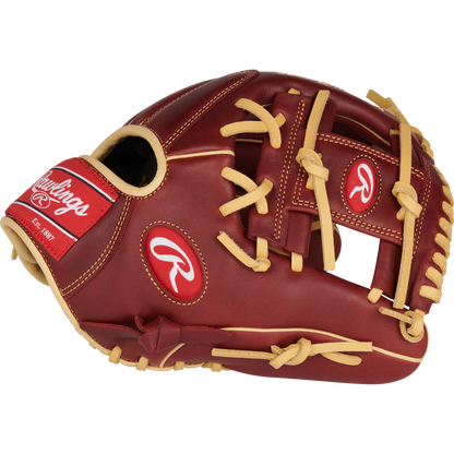 The Rawlings Sandlot 11.5" Baseball Glove (S1150IS) features brown, oiled leather, tan laces, and red Rawlings logos. This new infield glove offers durable performance and is pictured on a white background.