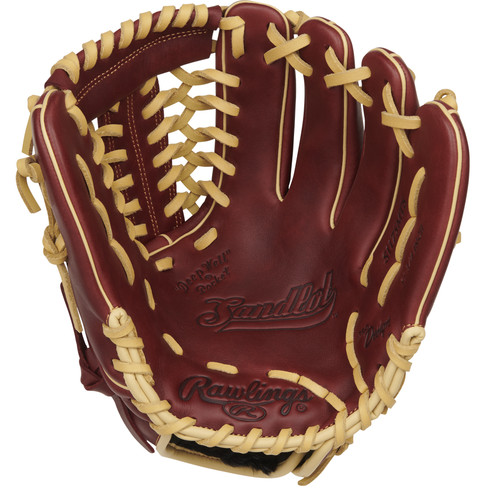 The Rawlings Sandlot 11.75" Baseball Glove (S1175MTS) features brown oiled leather with tan lacing, an open palm displaying the Sandlot label, and is designed for top comfort and performance.