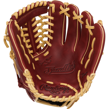 The Rawlings Sandlot 11.75" Baseball Glove (S1175MTS) features brown oiled leather with tan lacing, an open palm displaying the Sandlot label, and is designed for top comfort and performance.