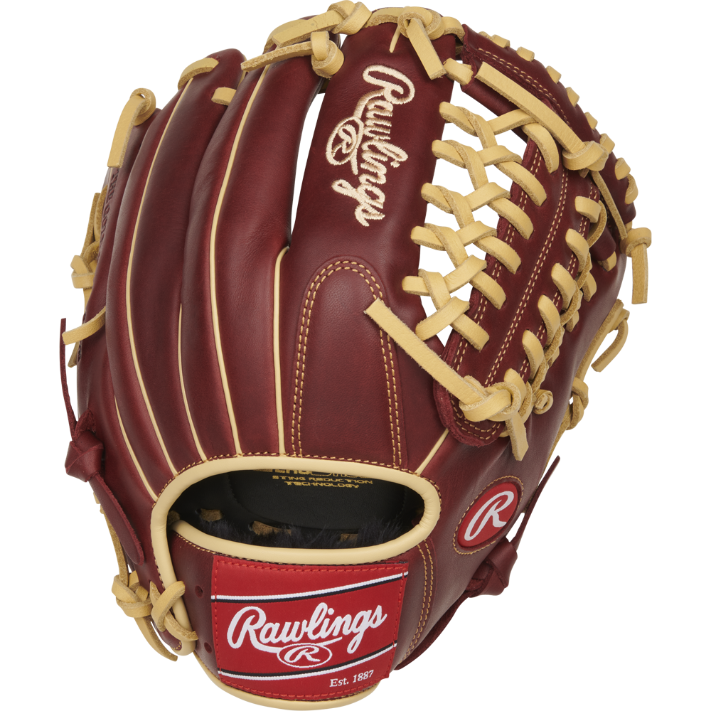 The Rawlings Sandlot 11.75" Baseball Glove: S1175MTS is a brown glove with tan laces, featuring the Rawlings logo on the palm and wrist strap, an oiled leather finish, detailed stitching, and open webbing seen from an angled view.