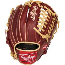 The Rawlings Sandlot 11.75" Baseball Glove: S1175MTS is a brown glove with tan laces, featuring the Rawlings logo on the palm and wrist strap, an oiled leather finish, detailed stitching, and open webbing seen from an angled view.