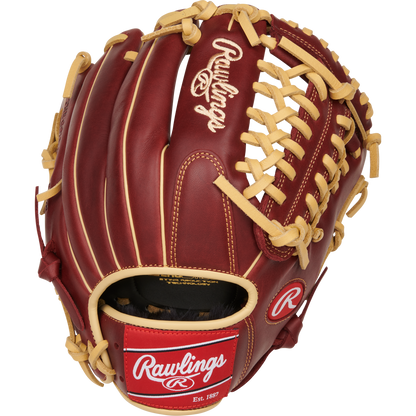 The Rawlings Sandlot 11.75" Baseball Glove: S1175MTS is a brown glove with tan laces, featuring the Rawlings logo on the palm and wrist strap, an oiled leather finish, detailed stitching, and open webbing seen from an angled view.