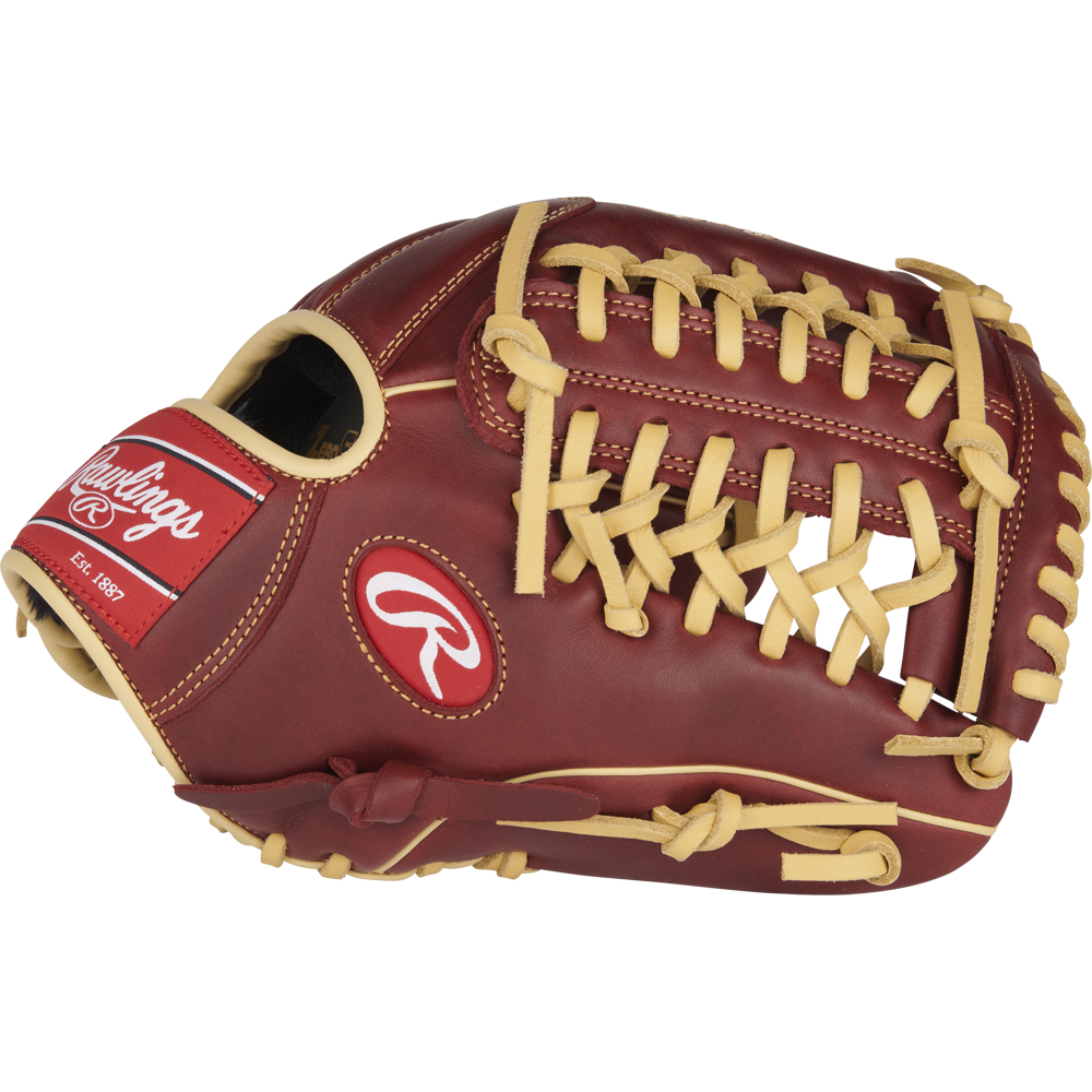 The Rawlings Sandlot 11.75" Baseball Glove (S1175MTS) features rich brown oiled leather with tan laces and showcases the Rawlings logo on the wrist strap.