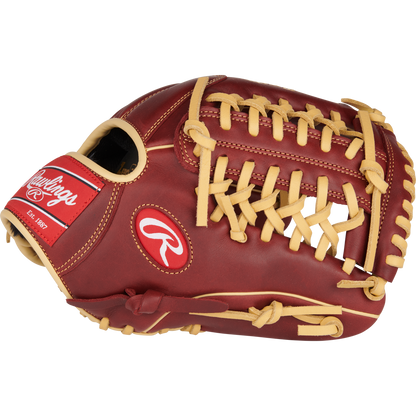 The Rawlings Sandlot 11.75" Baseball Glove (S1175MTS) features rich brown oiled leather with tan laces and showcases the Rawlings logo on the wrist strap.