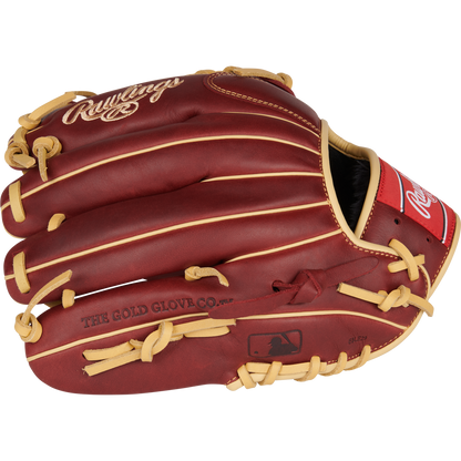 The Rawlings Sandlot 11.75" Baseball Glove (S1175MTS) features maroon oiled leather, tan laces, gold stitching, and THE GOLD GLOVE CO. plus MLB logos on the palm—a perfect infield glove from Rawlings.