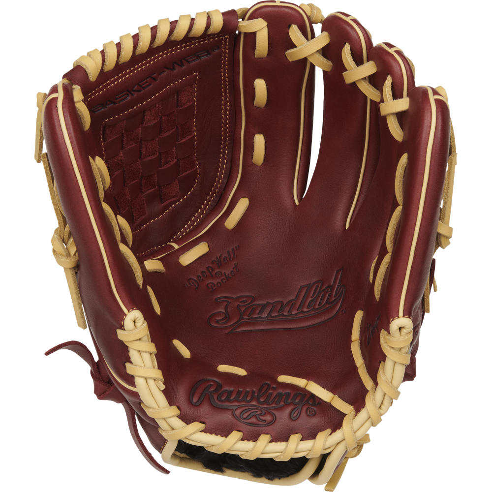 The Rawlings Sandlot 12" Baseball Glove (S1200BSH) features durable oiled leather in brown and tan, detailed stitching, open pocket, and Rawlings logos on the palm and thumb for a blend of style and performance.