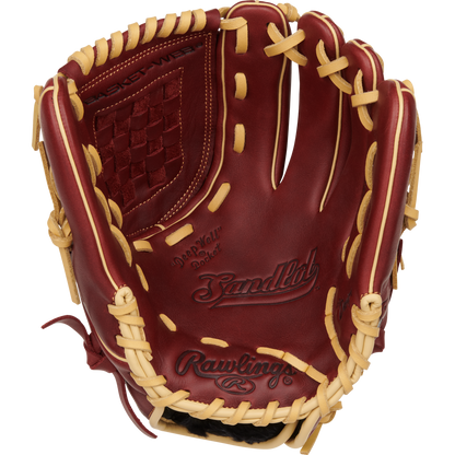 The Rawlings Sandlot 12" Baseball Glove (S1200BSH) features durable oiled leather in brown and tan, detailed stitching, open pocket, and Rawlings logos on the palm and thumb for a blend of style and performance.