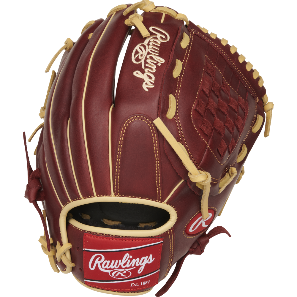 The Rawlings Sandlot 12" Baseball Glove (S1200BSH) is a brown glove with tan laces, a woven web pocket, and features the Rawlings logo on both the wrist strap and top.